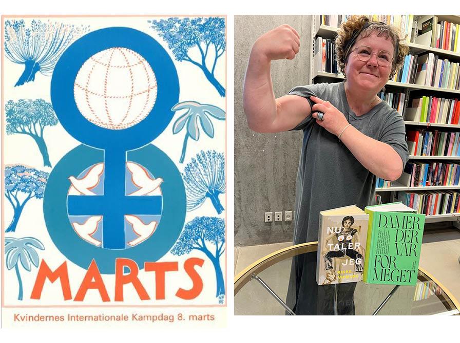Portræt af Charlotte og plakat med 8. marts og kvindetegn